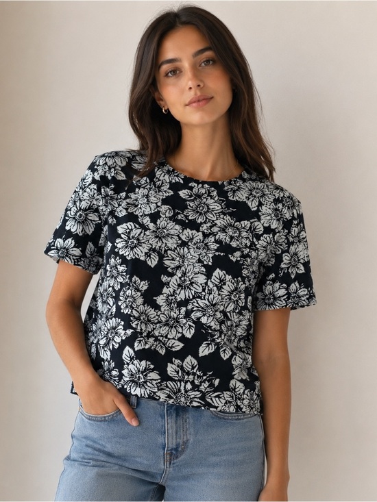 Maeve Tops - Maeve Black Tee with White Floral Print